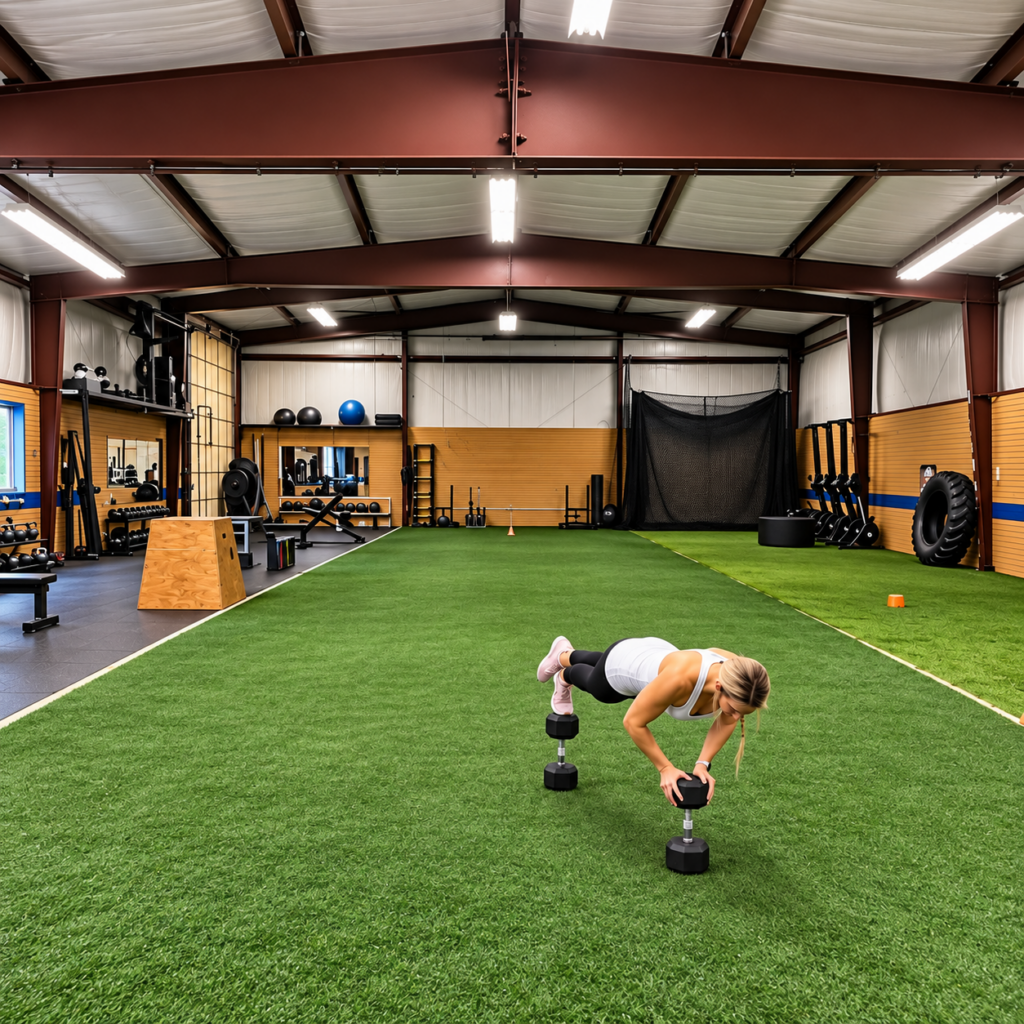 Barbie doing a dumbbell plank in a training facility
